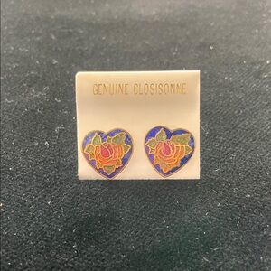 Heart Shaped Cloisonné Earrings with Floral Design